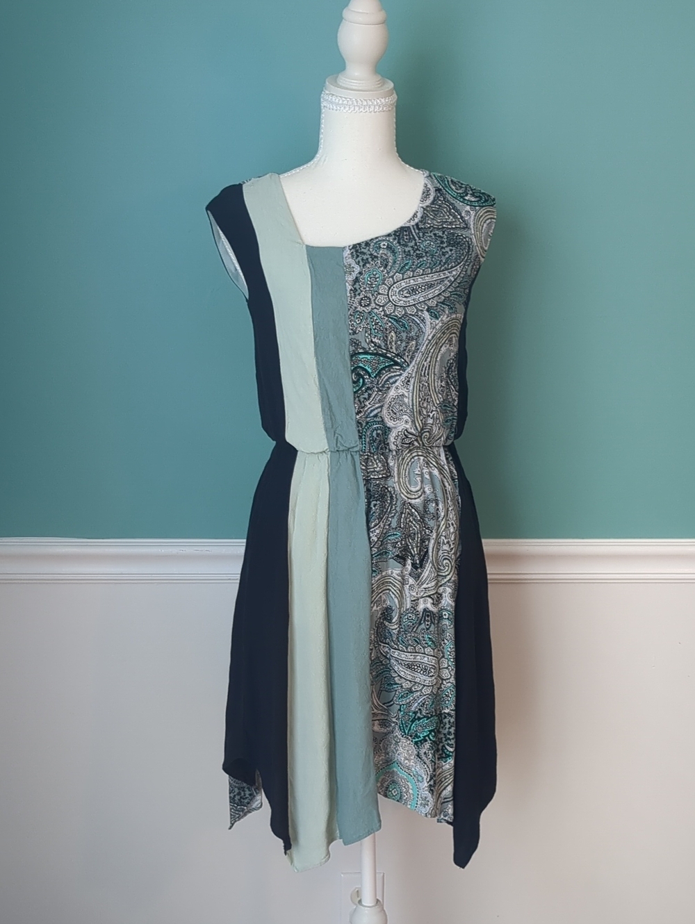Cato Asymmetrical Sleeveless Cottage Fairycore Summer Dress in Teal and Navy XS